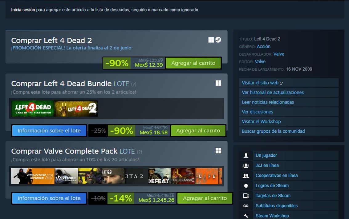 Left 4 Dead tiene 90% de descuento en Steam y cuesta menos de $2 USD