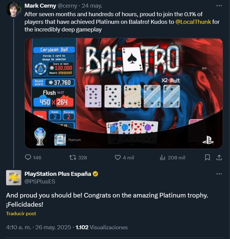 Mark Cerny de PlayStation presume su trofeo de platino de Balatro