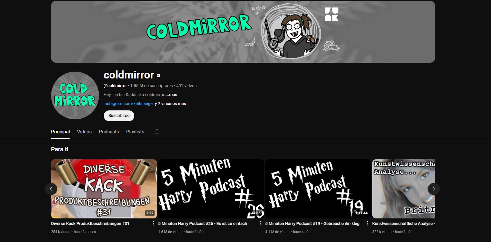 El canal de coldmirror tiene millones de suscriptores y casi 500 videos